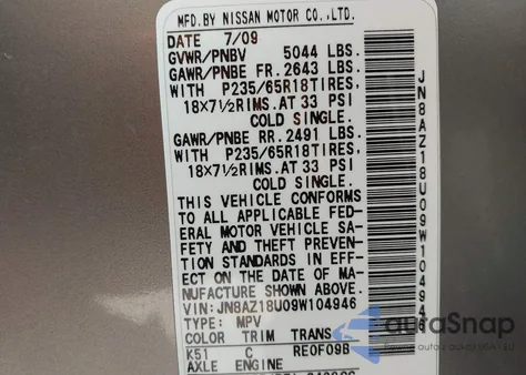 2009 Nissan Murano S z USA, uszkodzony, nr VIN JN8AZ18U09W104946